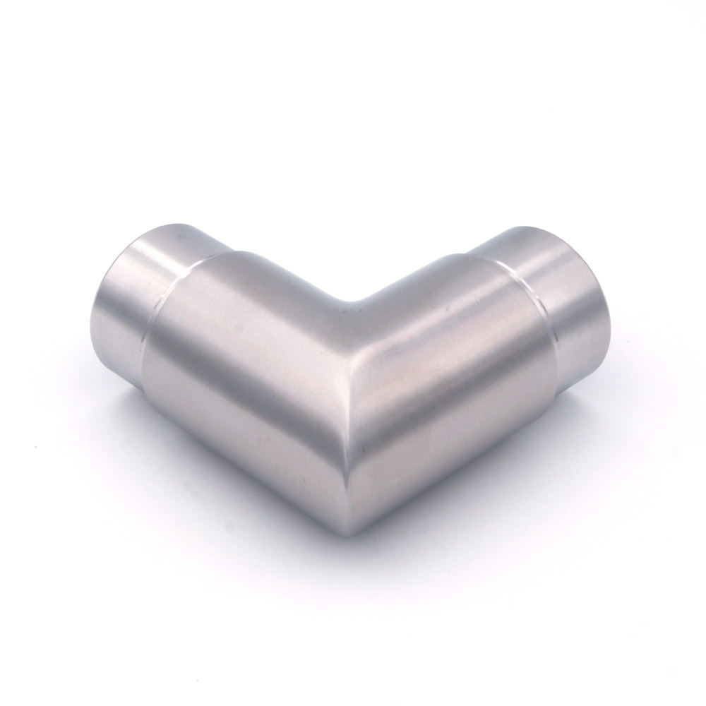 Codo de 90° para pasamanos de acero inoxidable de 42,4 mm, esquina a inglete de aristas vivas, vista lateral en forma de L
