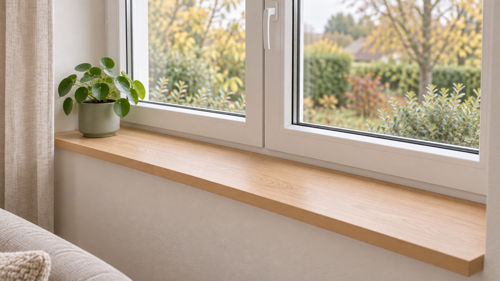 Alféizar con aspecto de madera de roble claro bajo ventana doble con vista al jardín otoñal, pilea en maceta verde y sofá