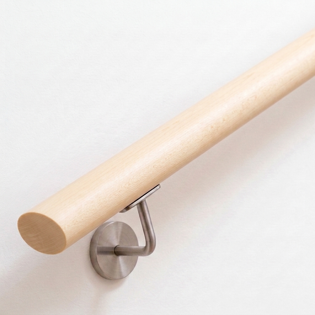 Pasamanos ovalado de arce en pared blanca con soporte de acero inoxidable, madera clara natural, vista oblicua desde abajo