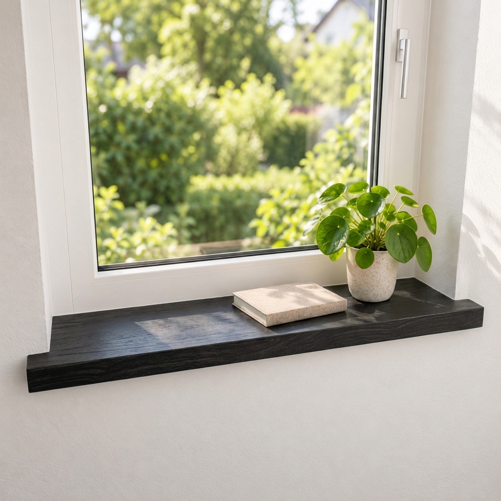 Alféizar de renovación de roble teñido de negro, madera maciza, en ventana con vista al jardín, planta en maceta y libro