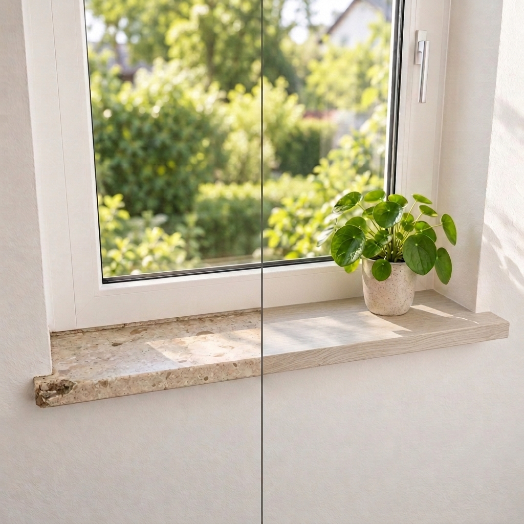 Alféizar de renovación de roble teñido de blanco en la ventana, antes y después: piedra a la izquierda, madera a la derecha