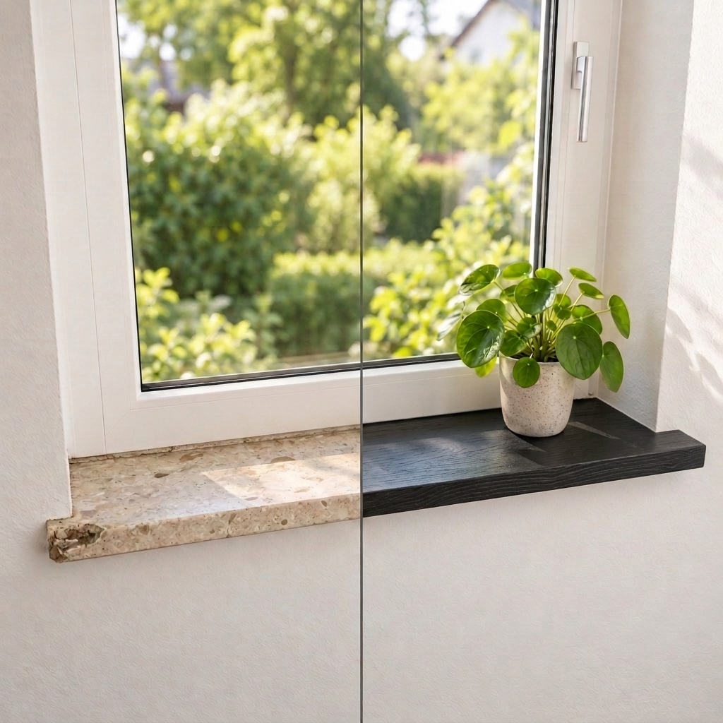 Alféizar de renovación de roble teñido de negro en la ventana, antes y después: piedra a la izquierda, madera a la derecha