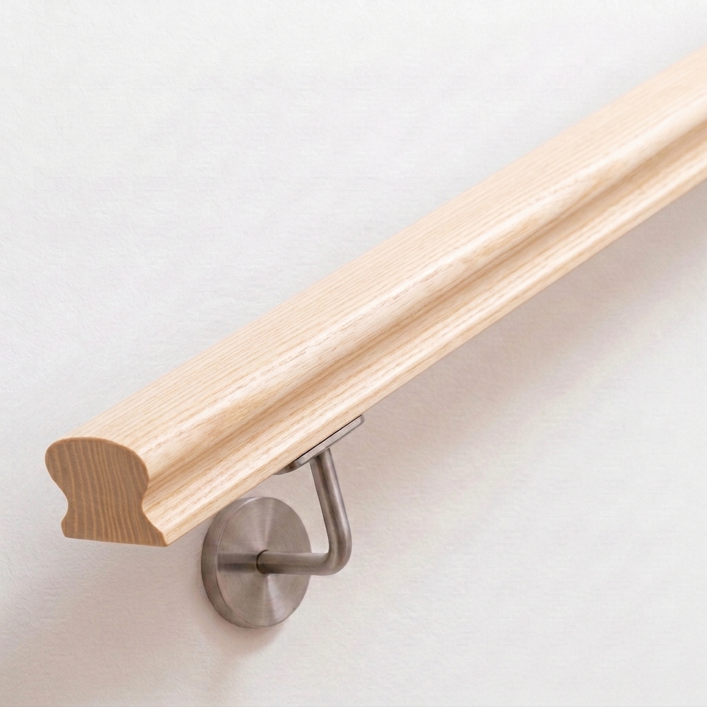 Pasamanos Omega de fresno con sección perfilada en madera clara, soporte de acero inoxidable en pared blanca, extremo recto