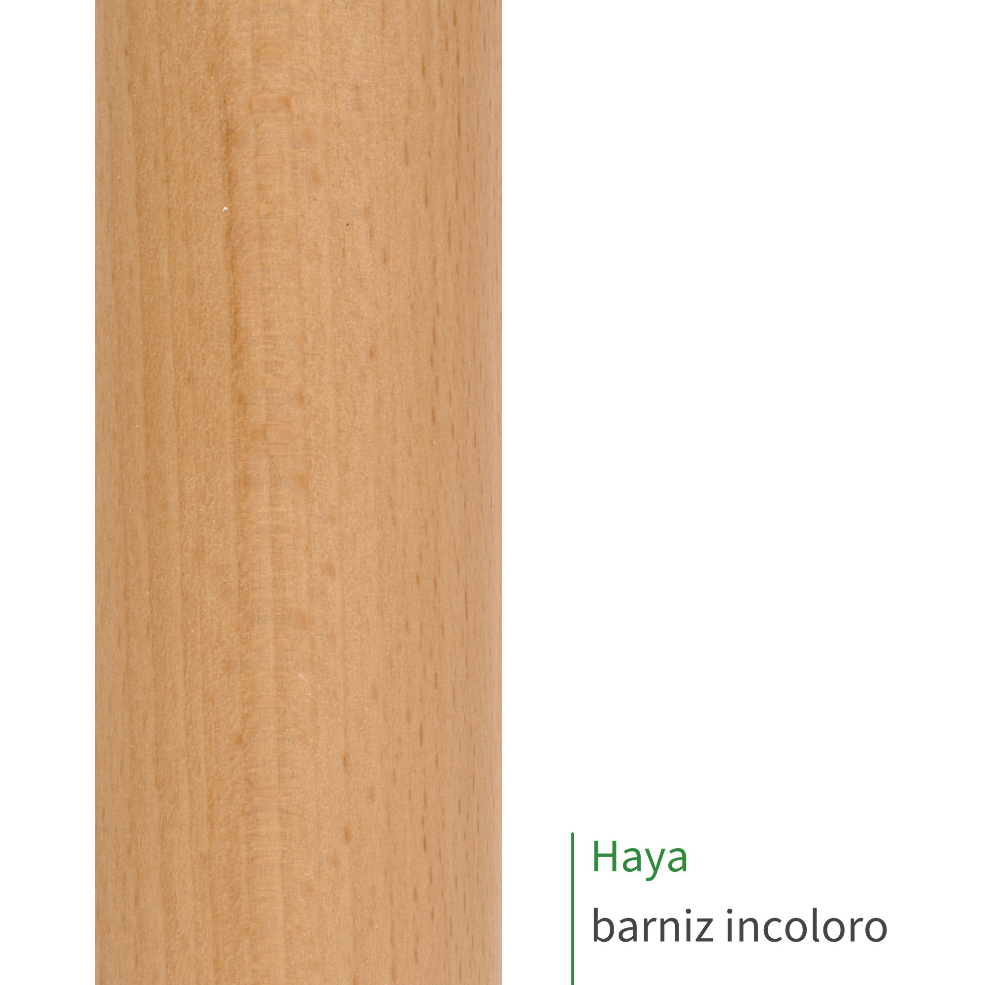 Barra redonda de madera de haya con barniz incoloro: superficie satinada clara y rótulo «Haya barniz incoloro»