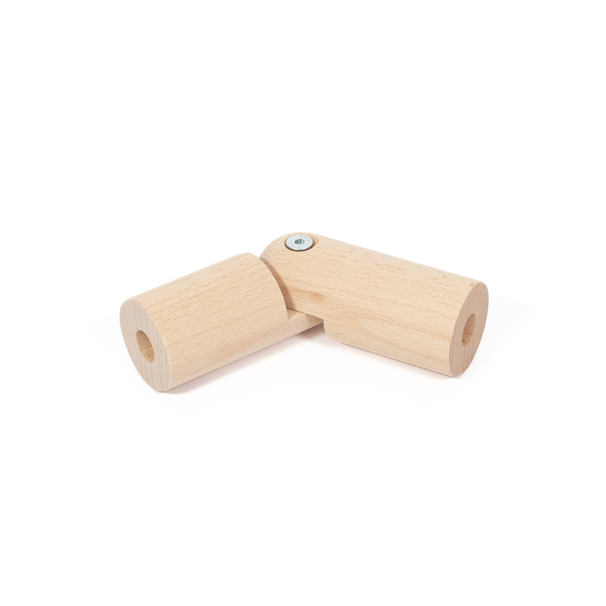 Ángulo flexible de haya Ø 42 mm para pasamanos de madera, angulado a 90°, tornillo de articulación visible