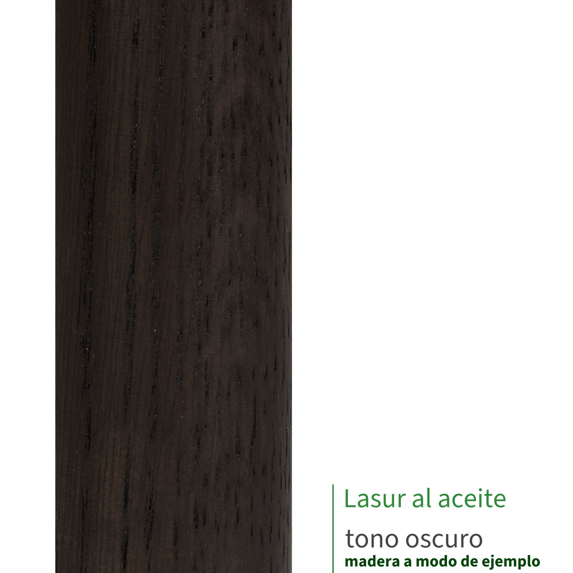 Remate de madera con lasur al aceite en tono oscuro: superficie casi negra con veteado, madera a modo de ejemplo