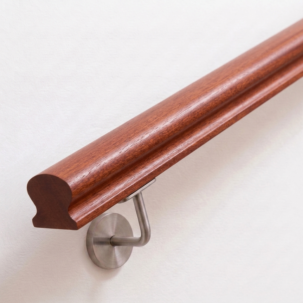 Pasamanos Omega de caoba marrón rojizo con sección perfilada, soporte de acero inoxidable en pared blanca, extremo recto