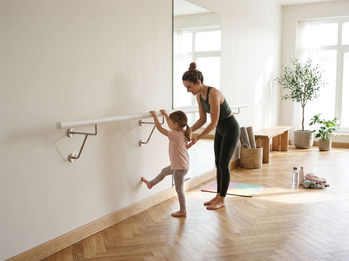 Barra de ballet lacada en blanco con soportes de acero inoxidable, madre e hijo practican en sala clara con espejo y parquet