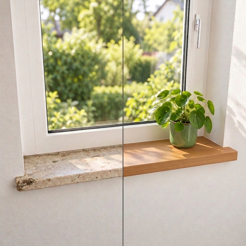 Alféizar de renovación de haya teñido de marrón en la ventana, antes y después: piedra a la izquierda, madera a la derecha