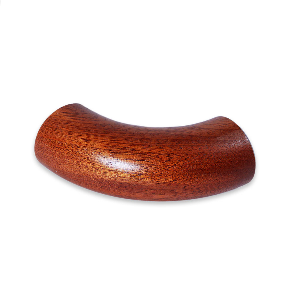 Codo final redondo de 90° de caoba, pieza terminal curvada de madera marrón rojiza con veteado fino, Ø 35 a 50 mm