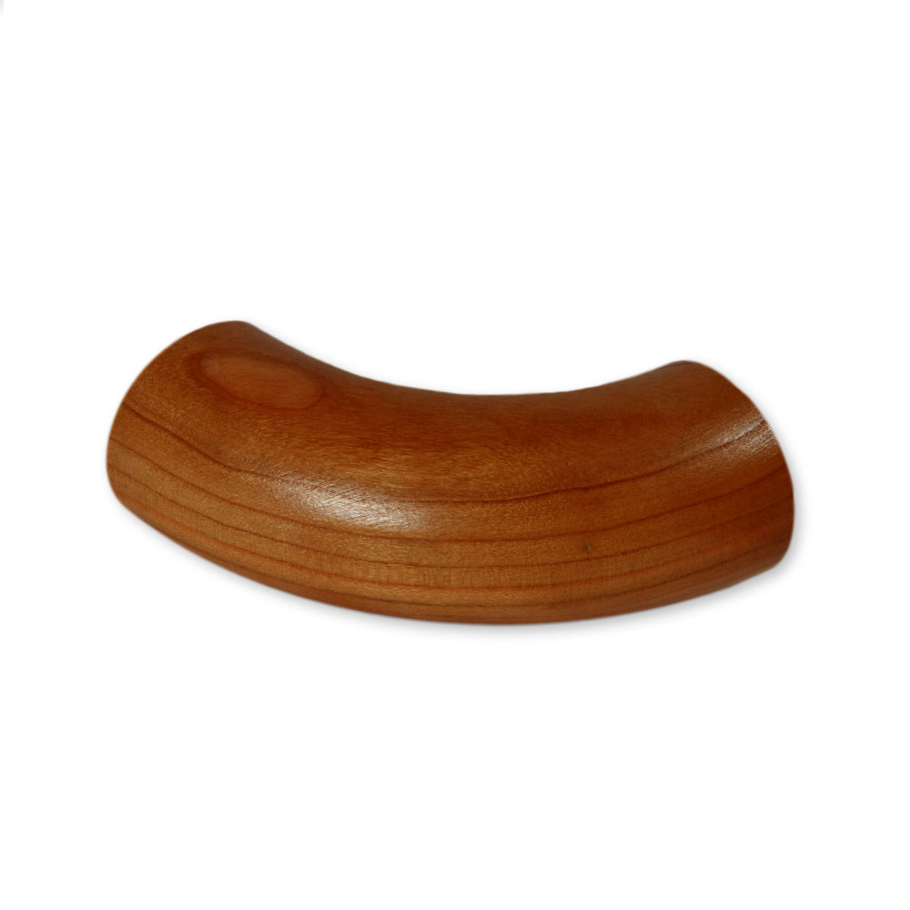 Codo final redondo de 90° de iroko, pieza terminal curvada de madera marrón rojiza, tumbada en vista lateral, Ø 35 a 50 mm