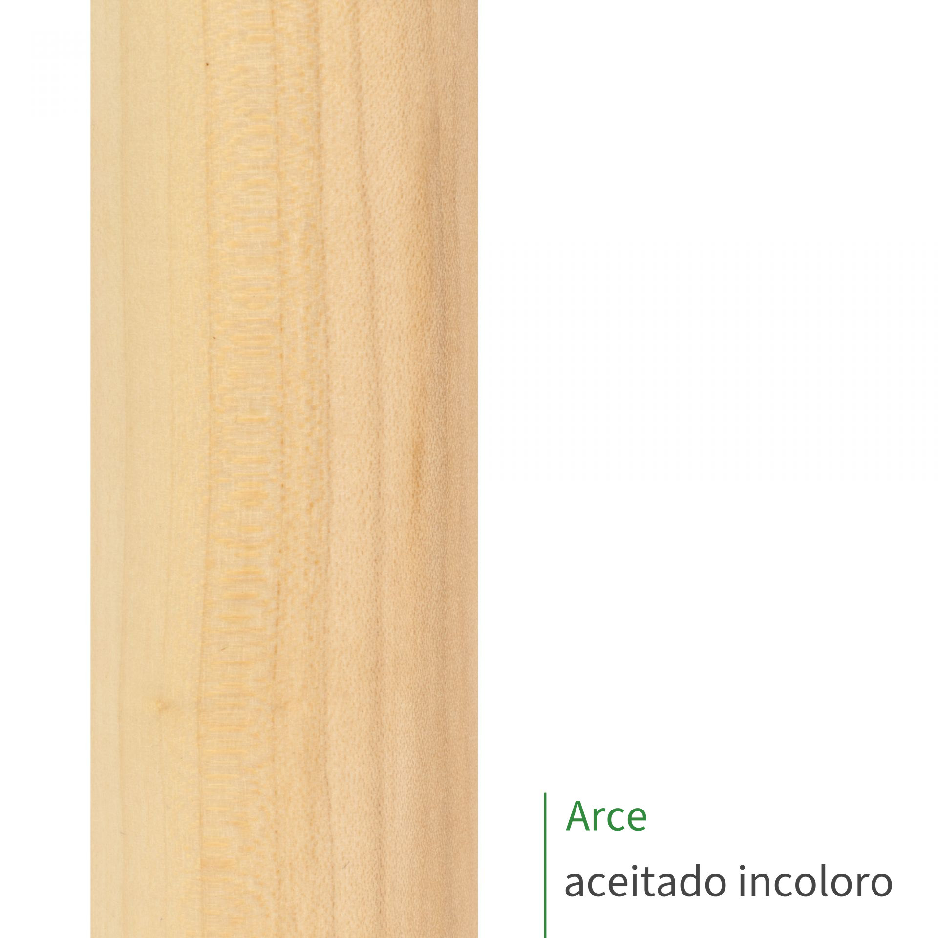 Muestra de pasamanos de arce aceitado incoloro, veteado claro amarillento, rótulo «Arce aceitado incoloro»