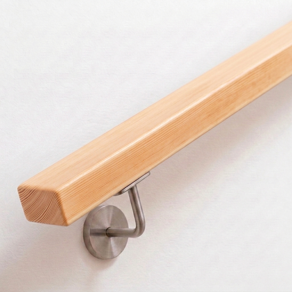 Pasamanos rectangular de pino en conífera clara con veteado, soporte de acero inoxidable en pared blanca, extremo recto