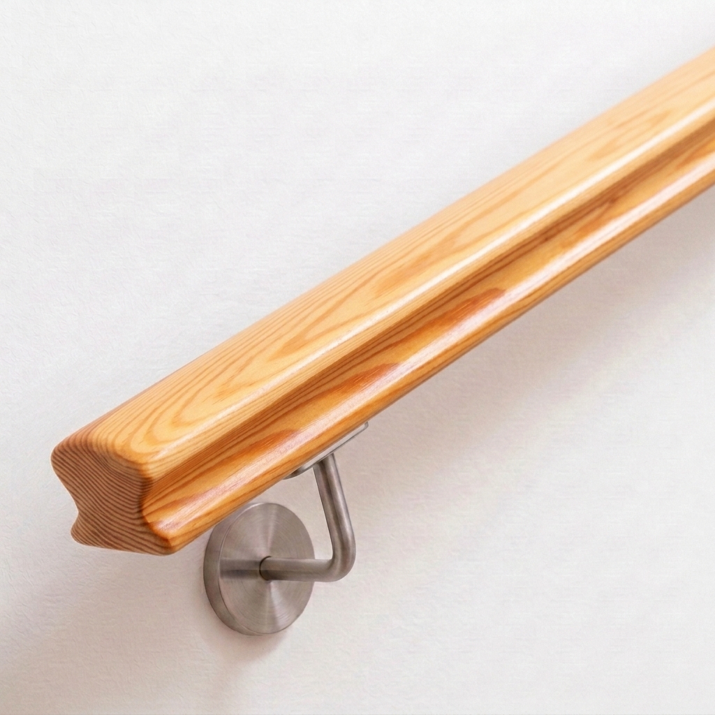Pasamanos Omega de pino con sección perfilada y veteado amarillento, soporte de acero inoxidable en pared blanca
