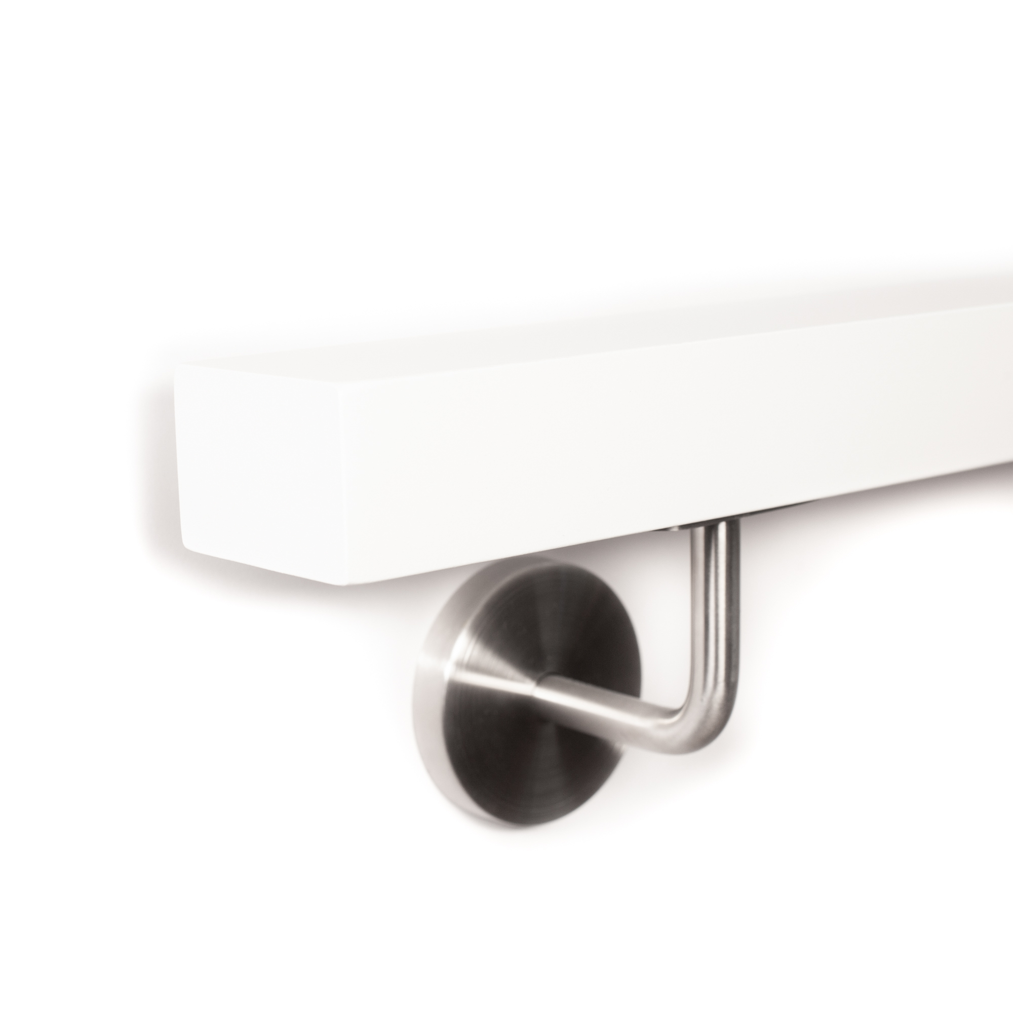 Pasamanos rectangular de haya blanco en horizontal con soporte de acero inoxidable, extremo recto, cantos vivos