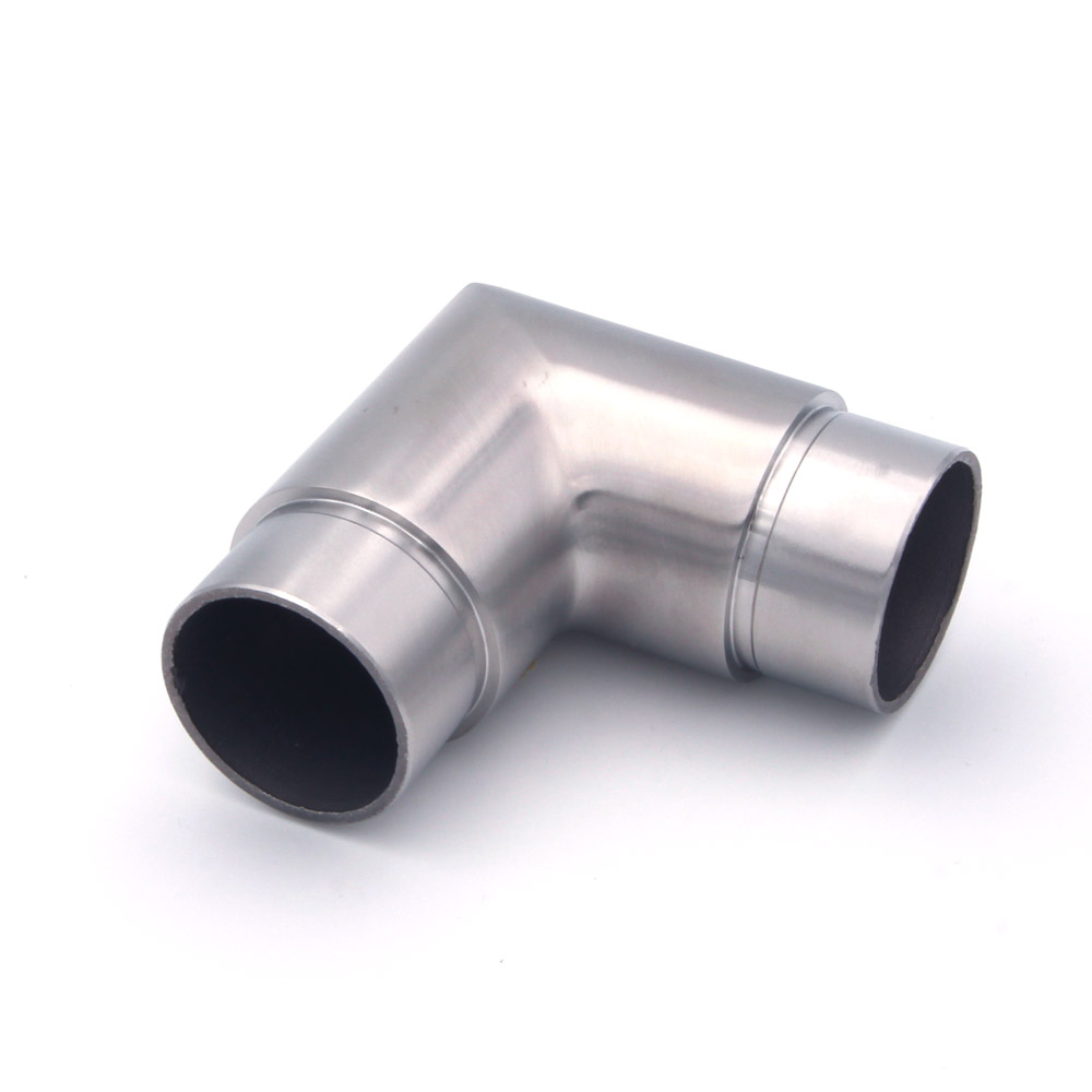 Codo de 90° para pasamanos de acero inoxidable de 42,4 mm, vista oblicua con dos extremos de encaje abiertos, fondo blanco
