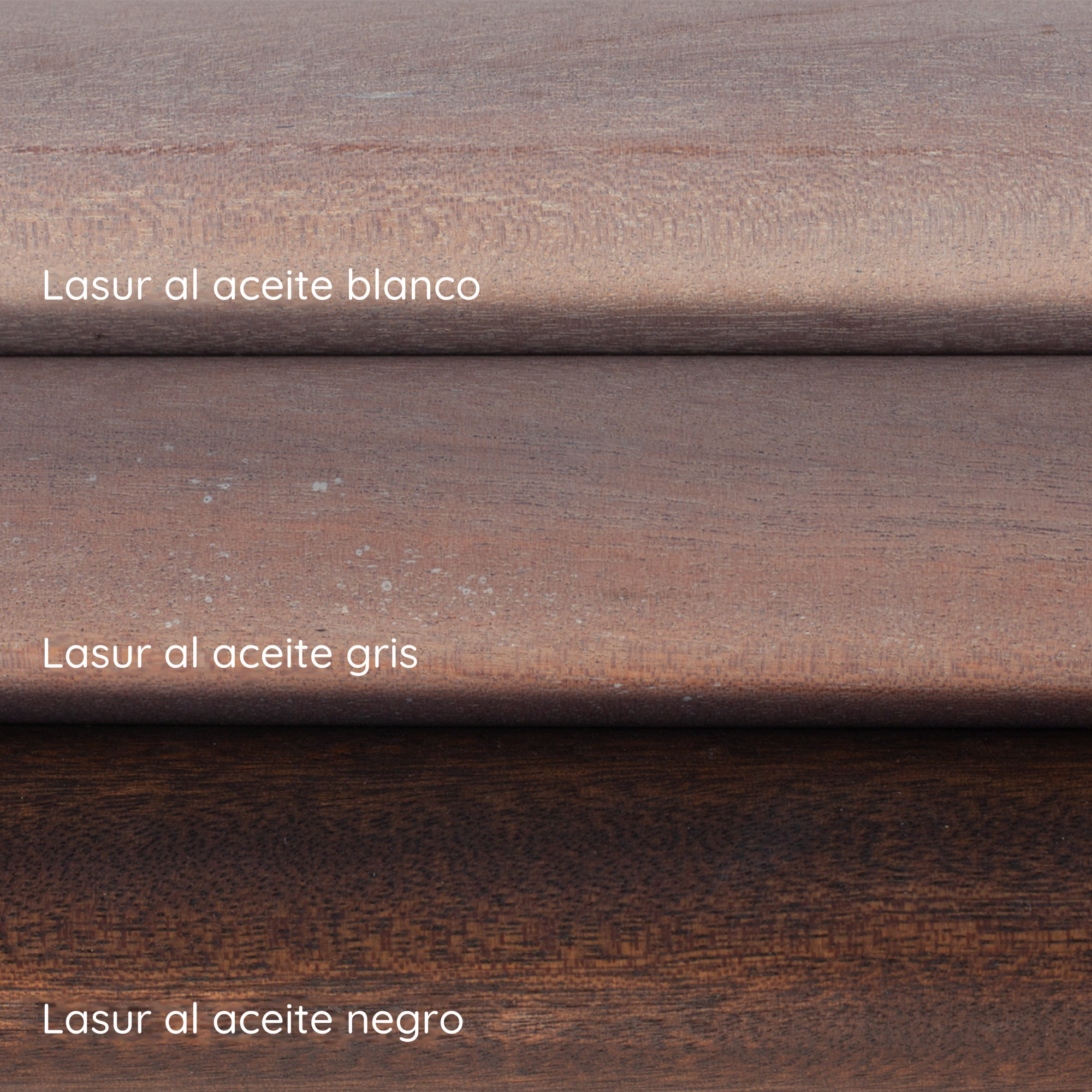 Lasur al aceite blanco, gris y negro sobre pasamanos de caoba: tres muestras de color superpuestas con rótulo
