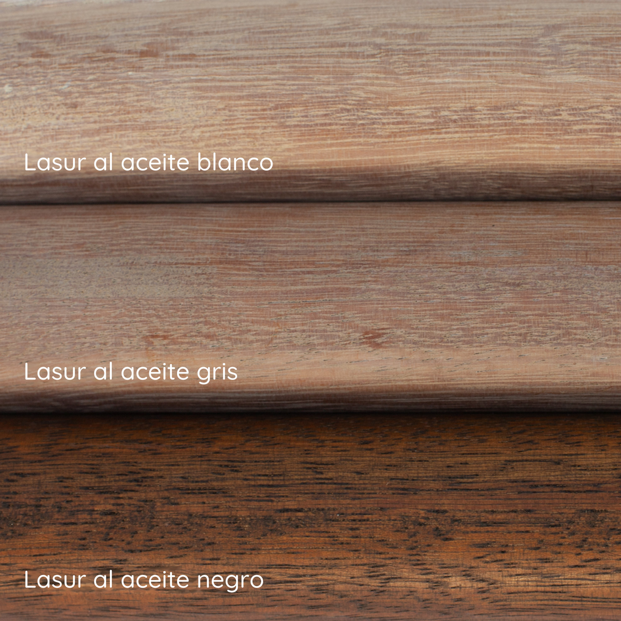Lasur al aceite blanco, gris y negro sobre pasamanos de iroko: tres muestras de color superpuestas con rótulo