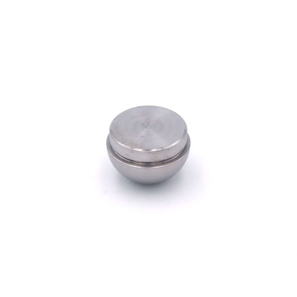 Remate redondo de acero inoxidable para pasamanos de 42,4 mm, vista del lado de encaje moleteado, remate curvado debajo