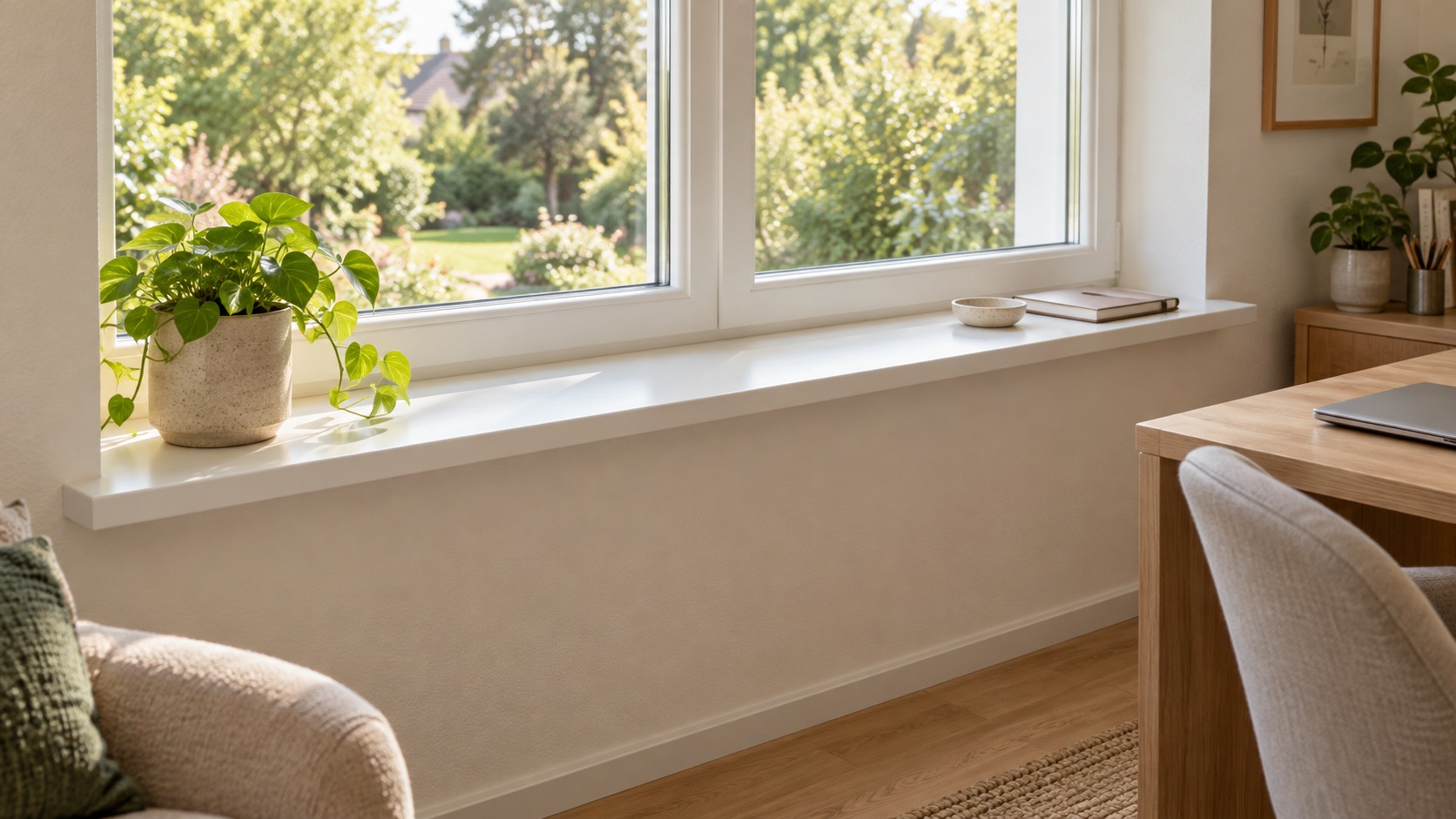 Alféizar claro en el salón con planta y libros, alféizar blanco bajo ventana con vista al jardín y sillón