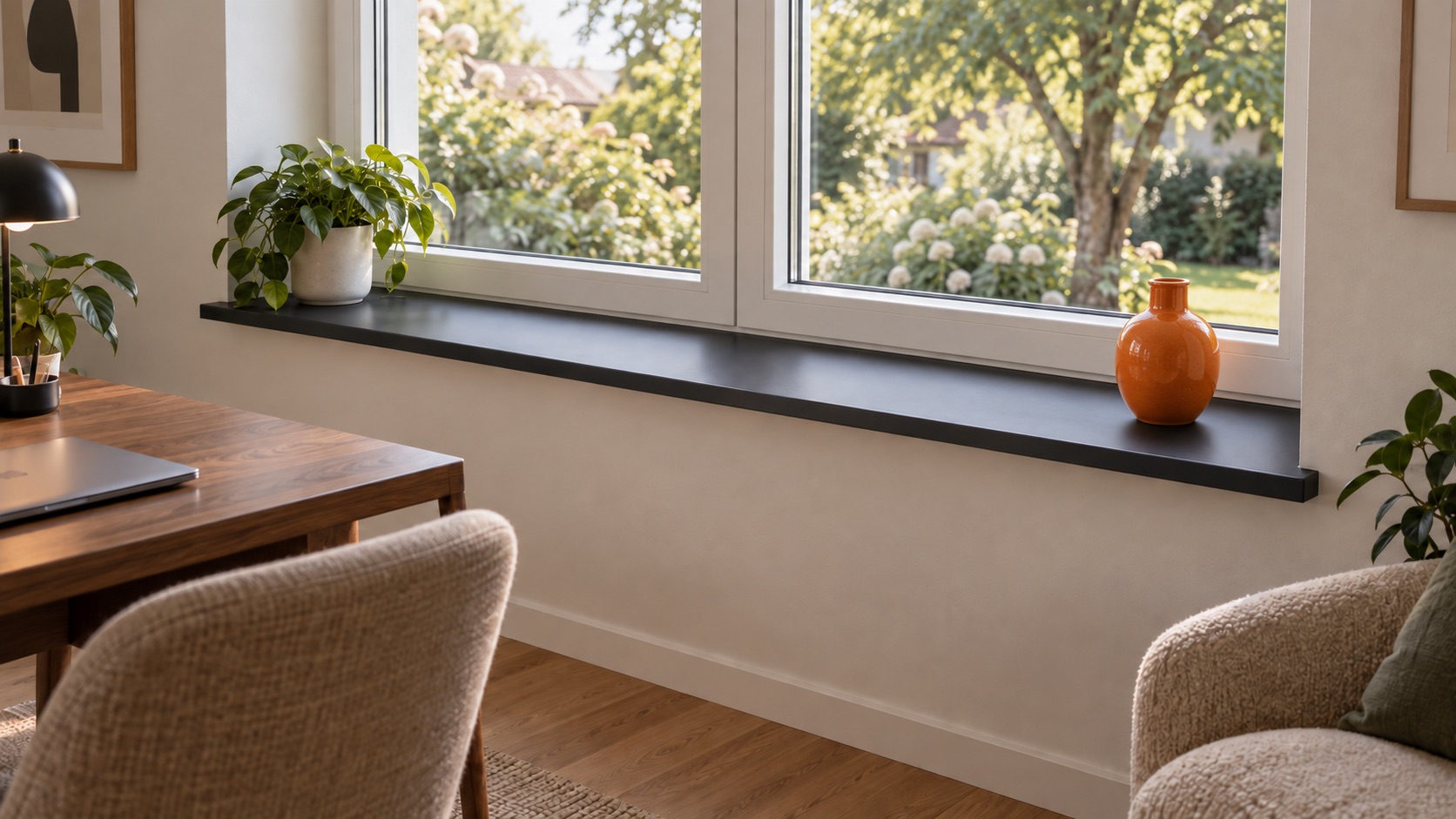 Alféizar negro en ventana doble del salón con planta y jarrón naranja, sillón y escritorio delante