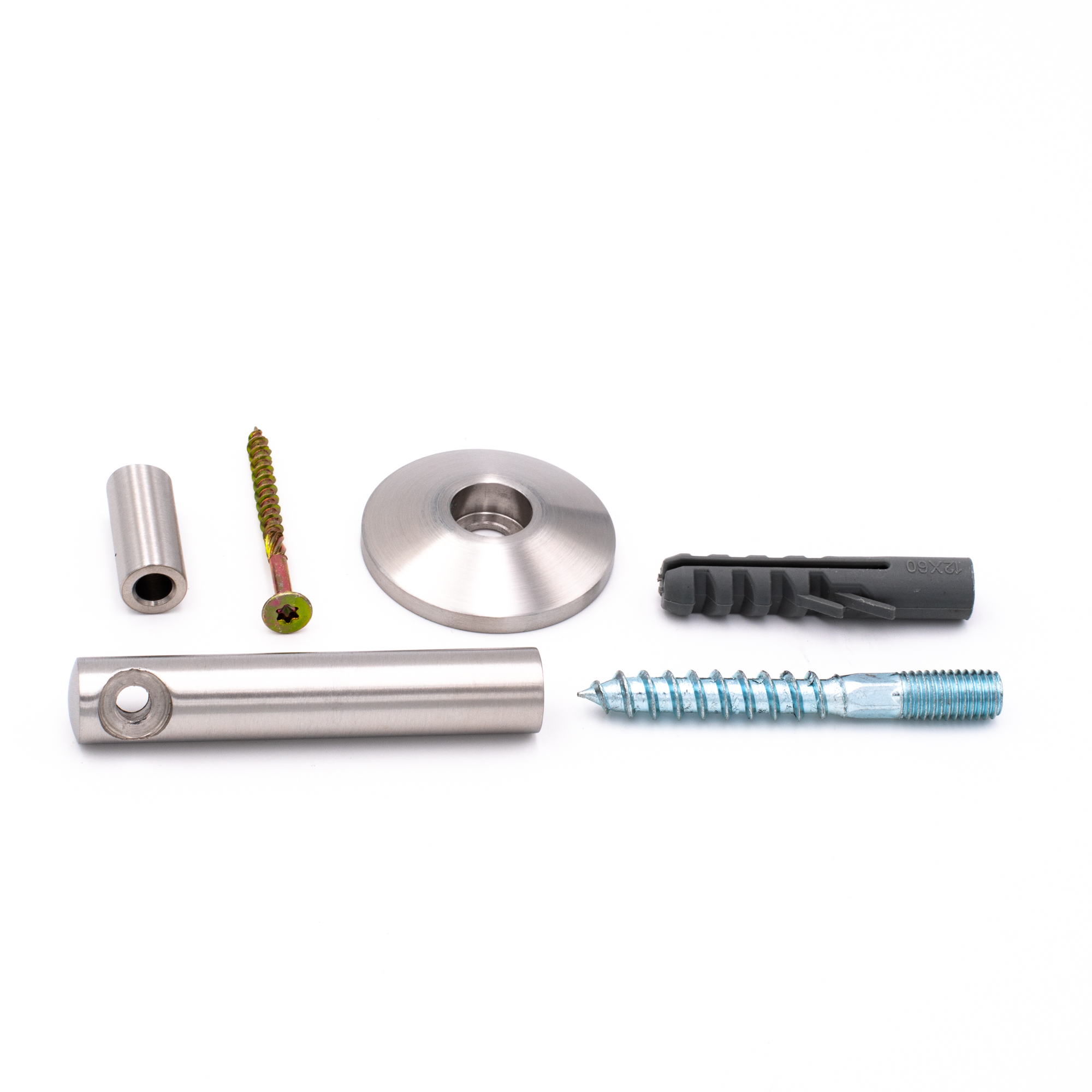 Soporte para pasamanos modelo 05 de acero inoxidable: tubo, roseta cónica, separador, tornillo doble rosca, taco y tirafondo