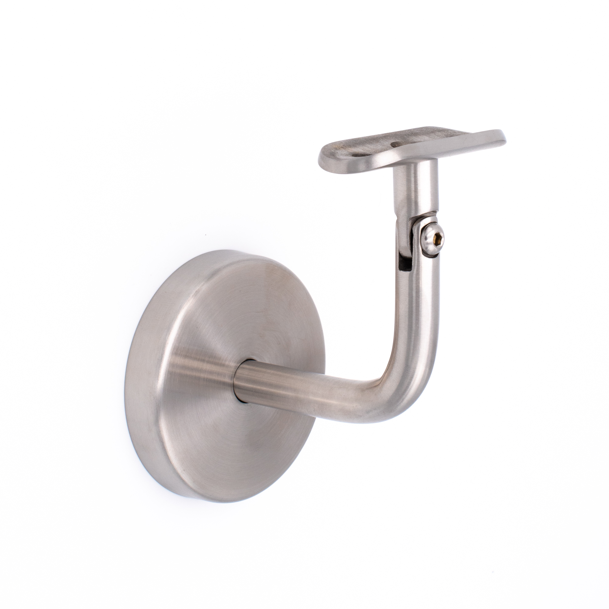 Soporte para pasamanos modelo 04 de acero inoxidable con placa curvada y roseta de pared redonda, recortado en vista oblicua