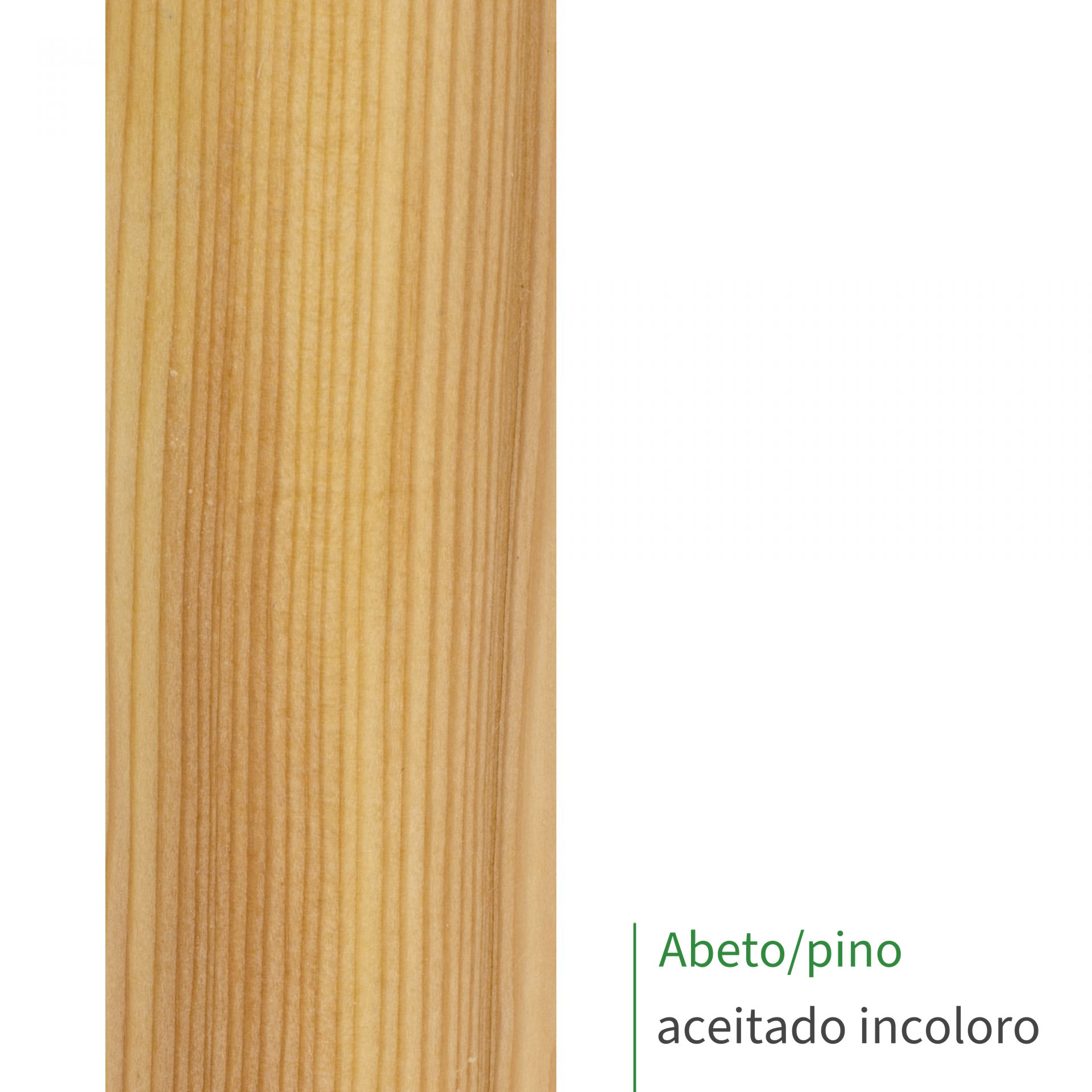 Muestra de pasamanos de abeto aceitado incoloro, veteado dorado con vetas rectas, rótulo «Abeto/pino aceitado incoloro»