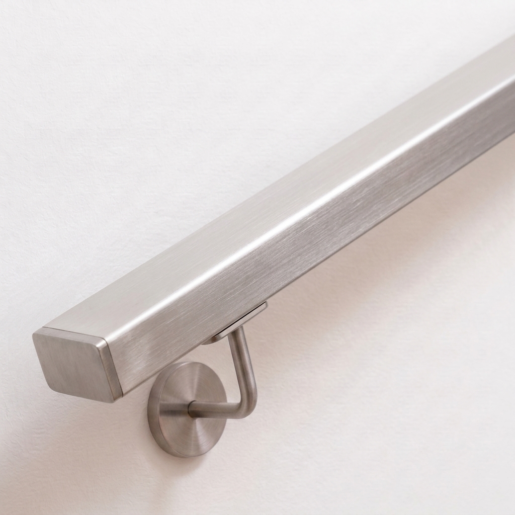 Pasamanos rectangular de acero inoxidable con soporte de pared, en diagonal en pared blanca, detalle del perfil plano