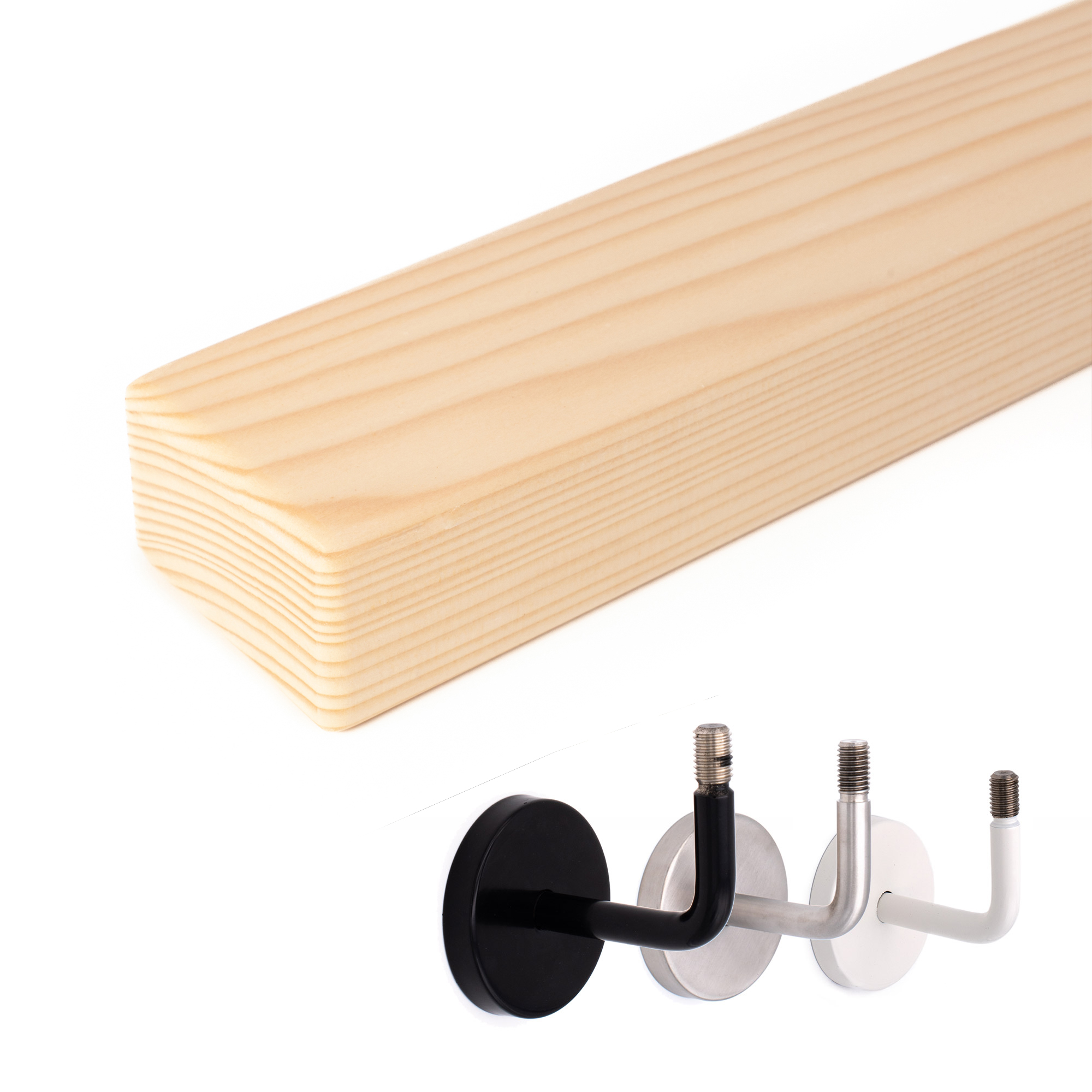 Pasamanos rectangular de abeto: perfil rectangular en abeto, junto a soportes en negro, acero inoxidable y blanco