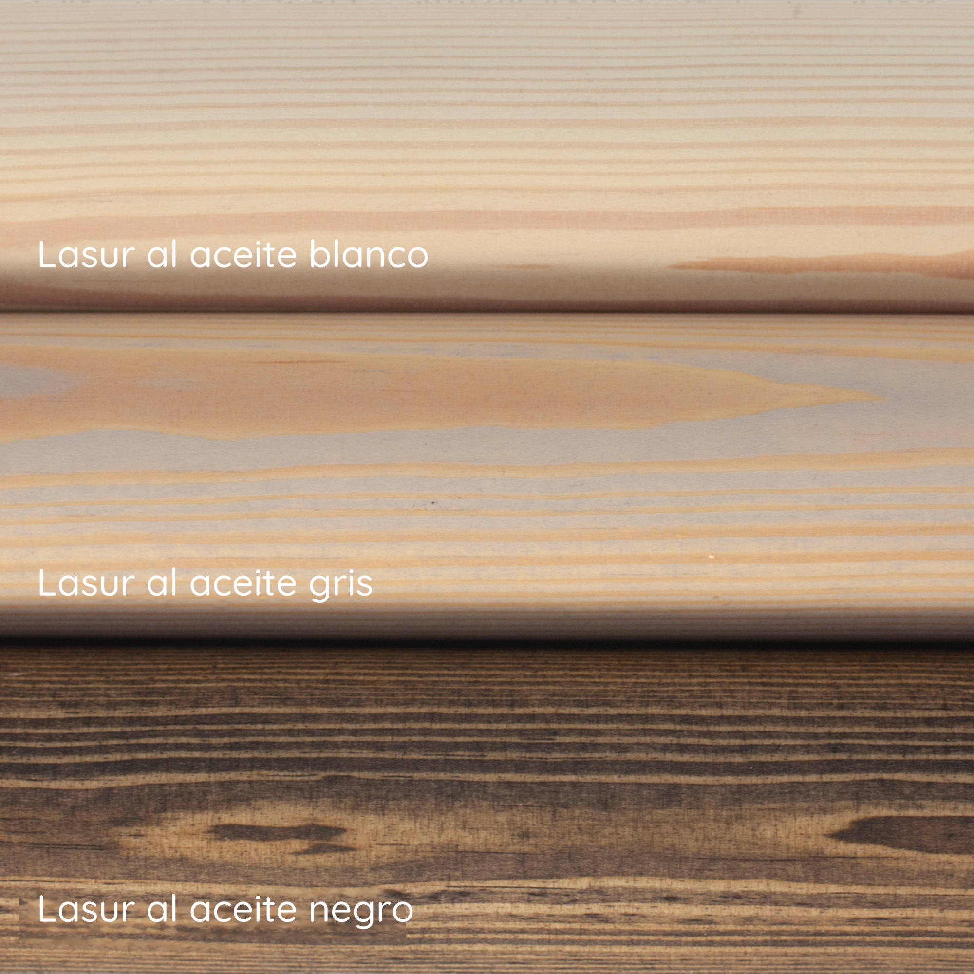 Lasur al aceite blanco, gris y negro sobre pasamanos de pino: tres muestras de color superpuestas con rótulo