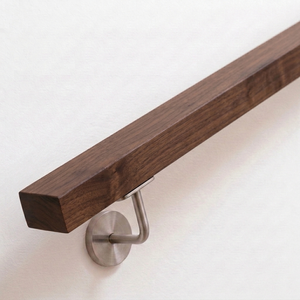 Pasamanos rectangular de nogal marrón oscuro con soporte de acero inoxidable en pared blanca, extremo recto, vista oblicua