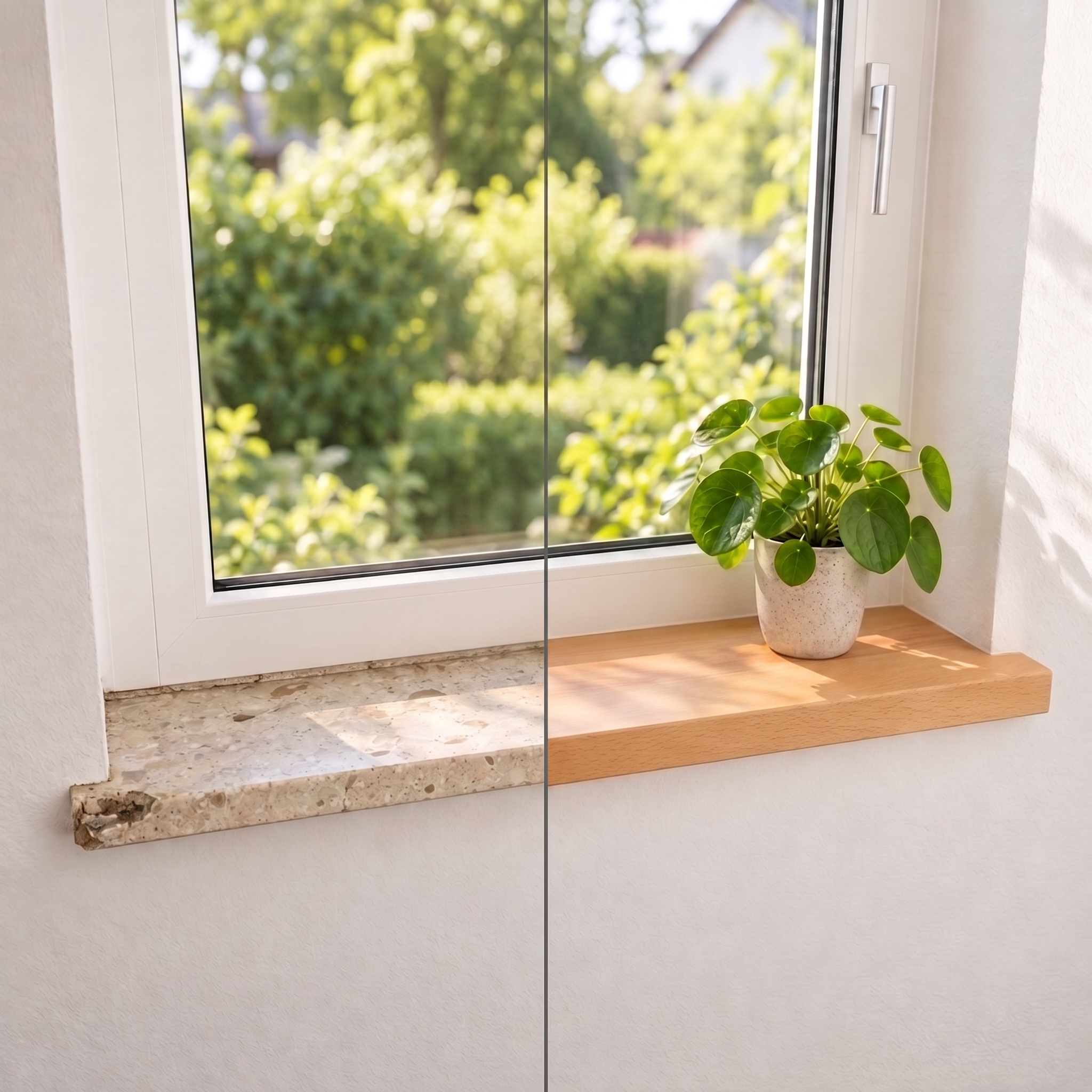 Alféizar de renovación de haya natural en la ventana, antes y después: piedra a la izquierda, madera clara a la derecha