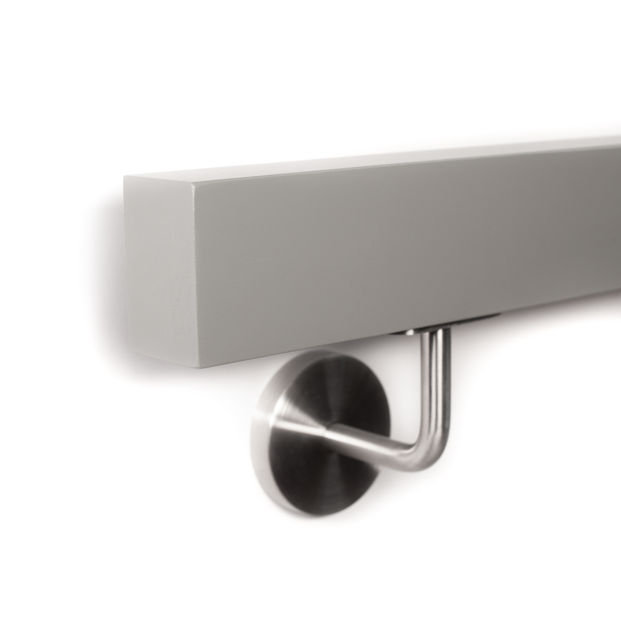 Pasamanos rectangular de haya gris de canto con soporte de acero inoxidable, extremo recto con cantos vivos