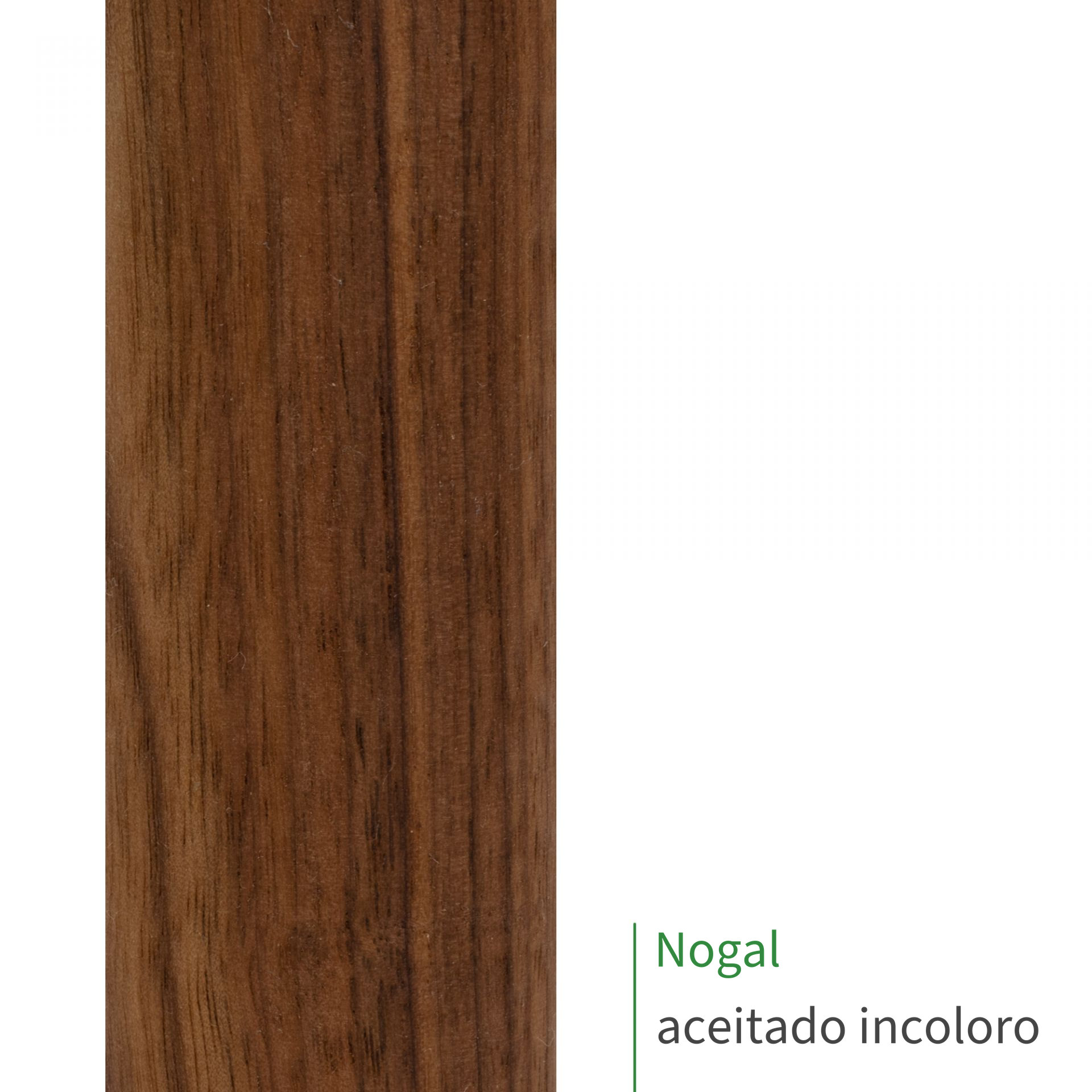 Muestra de pasamanos de nogal aceitado incoloro, veteado marrón oscuro con vetas, rótulo «Nogal aceitado incoloro»