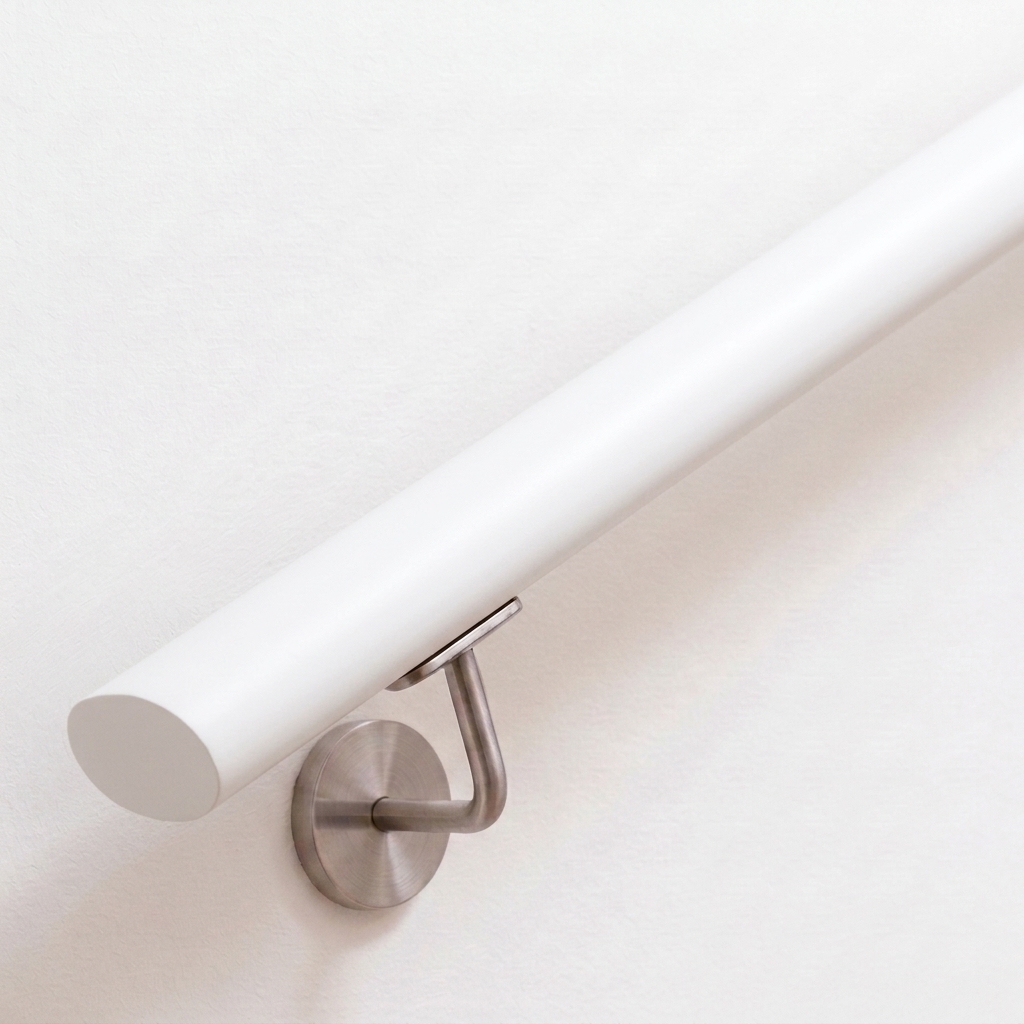 Pasamanos ovalado de haya lacado blanco en pared blanca con soporte de acero inoxidable, superficie lisa, extremo recto