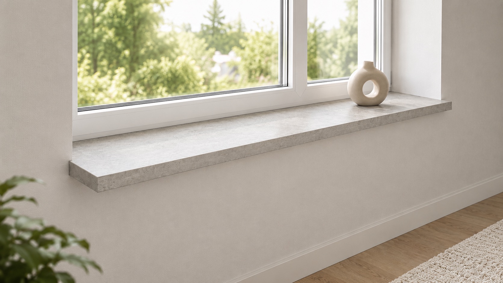 Alféizar de melamina gris claro con aspecto de piedra en ventana blanca con pequeño jarrón, vistas a la vegetación