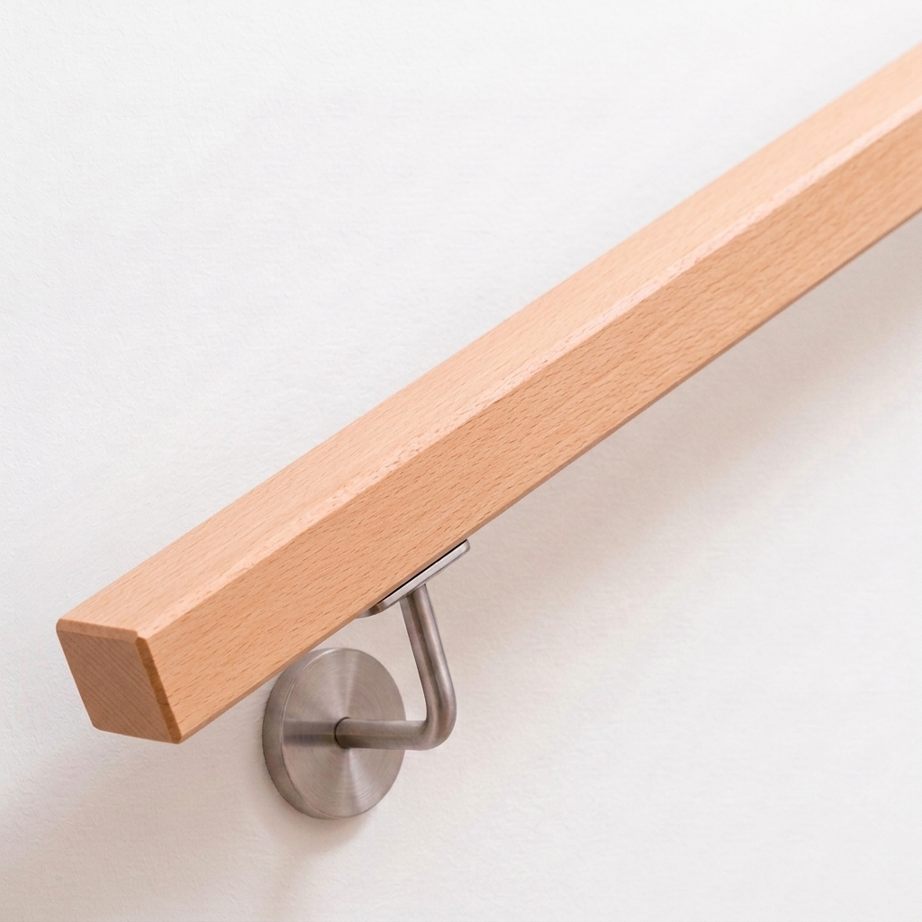 Pasamanos cuadrado de haya en madera clara con soporte de acero inoxidable en pared blanca, extremo recto, vista desde arriba