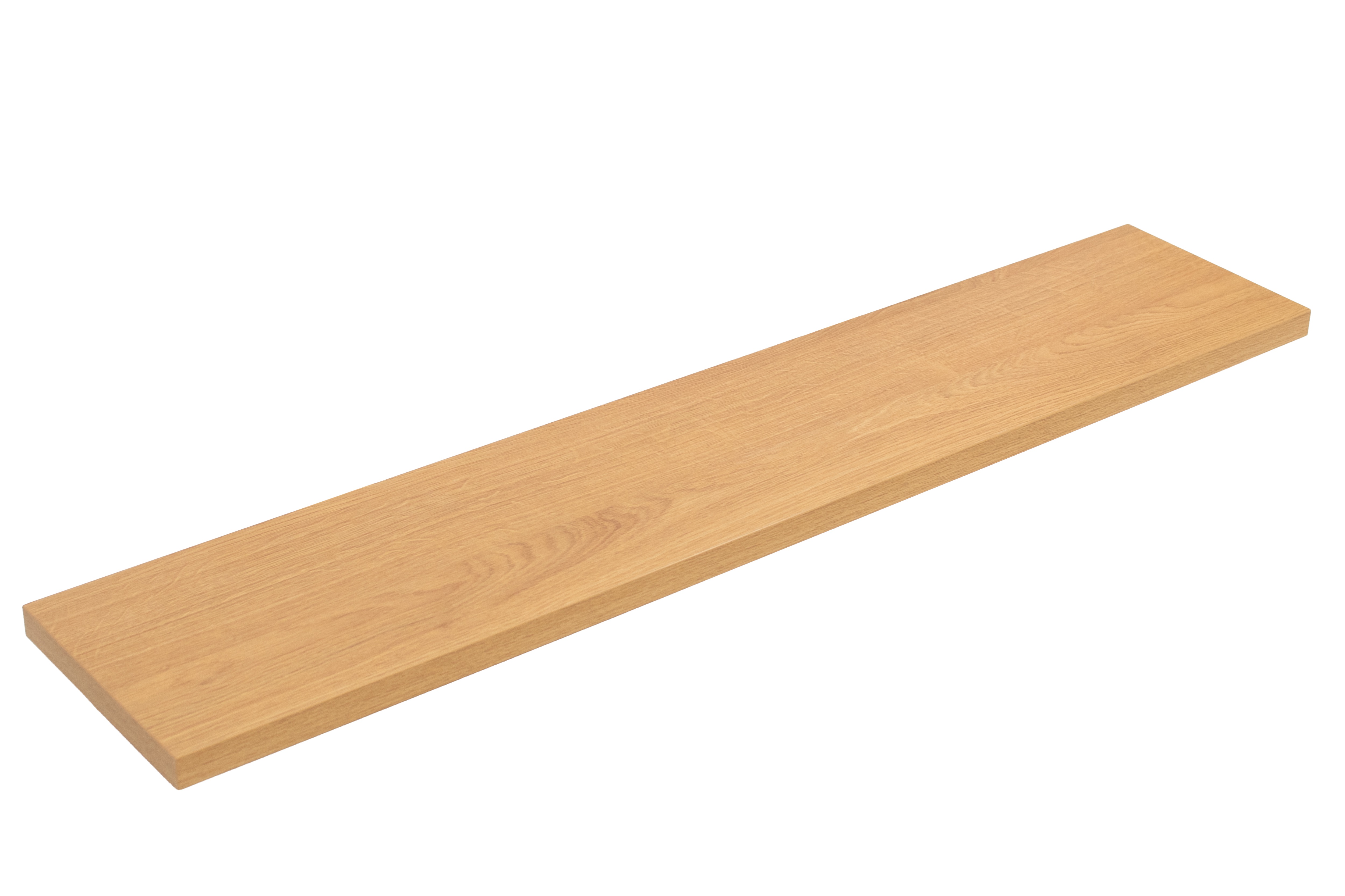 Alféizar de melamina con aspecto de madera de roble, vista oblicua sobre fondo blanco
