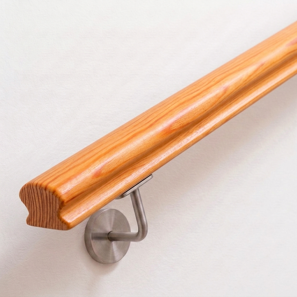 Pasamanos Omega de alerce con sección perfilada y veteado amarillo rojizo, soporte de acero inoxidable en pared blanca