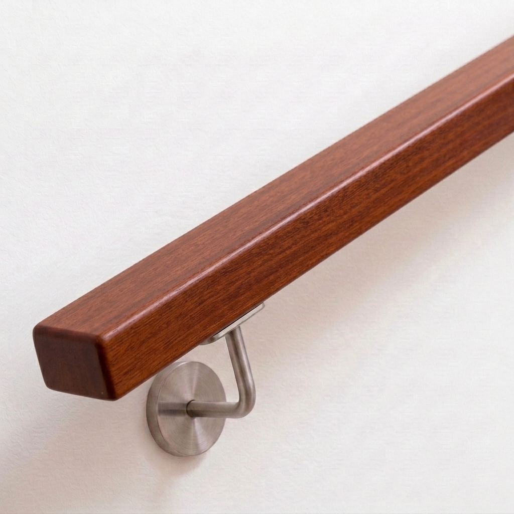 Pasamanos rectangular de caoba marrón rojizo con soporte de acero inoxidable en pared blanca, extremo recto, vista oblicua