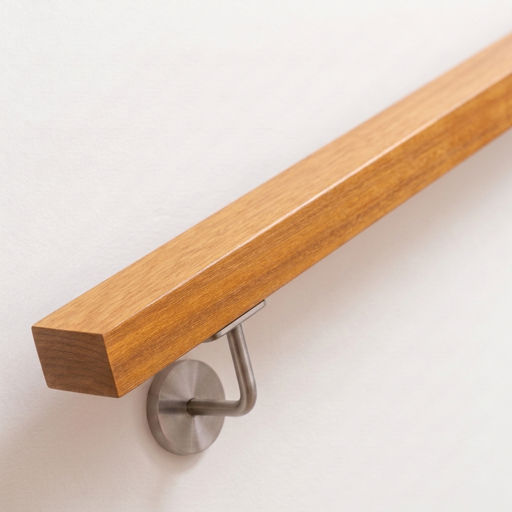 Pasamanos rectangular de iroko marrón dorado con soporte de acero inoxidable en pared blanca, extremo recto, vista oblicua