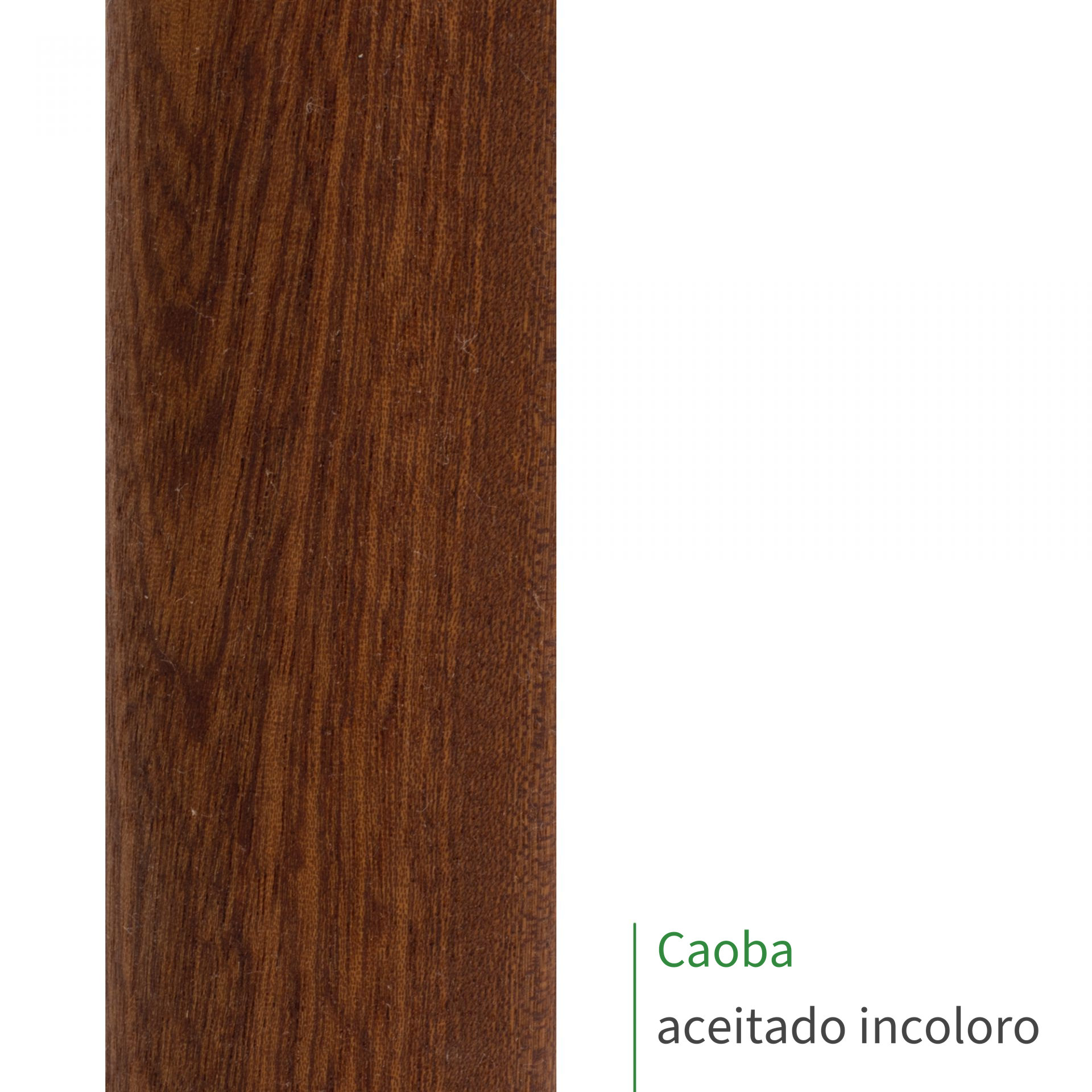 Muestra de pasamanos de caoba aceitado incoloro, veteado marrón rojizo oscuro, rótulo «Caoba aceitado incoloro»