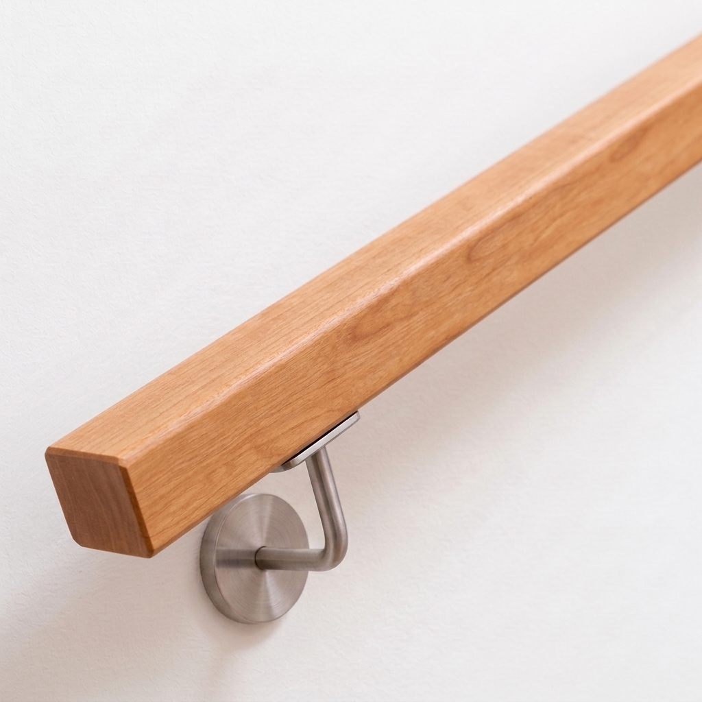 Pasamanos cuadrado de cerezo en madera rojiza cálida con soporte de acero inoxidable en pared blanca, extremo recto