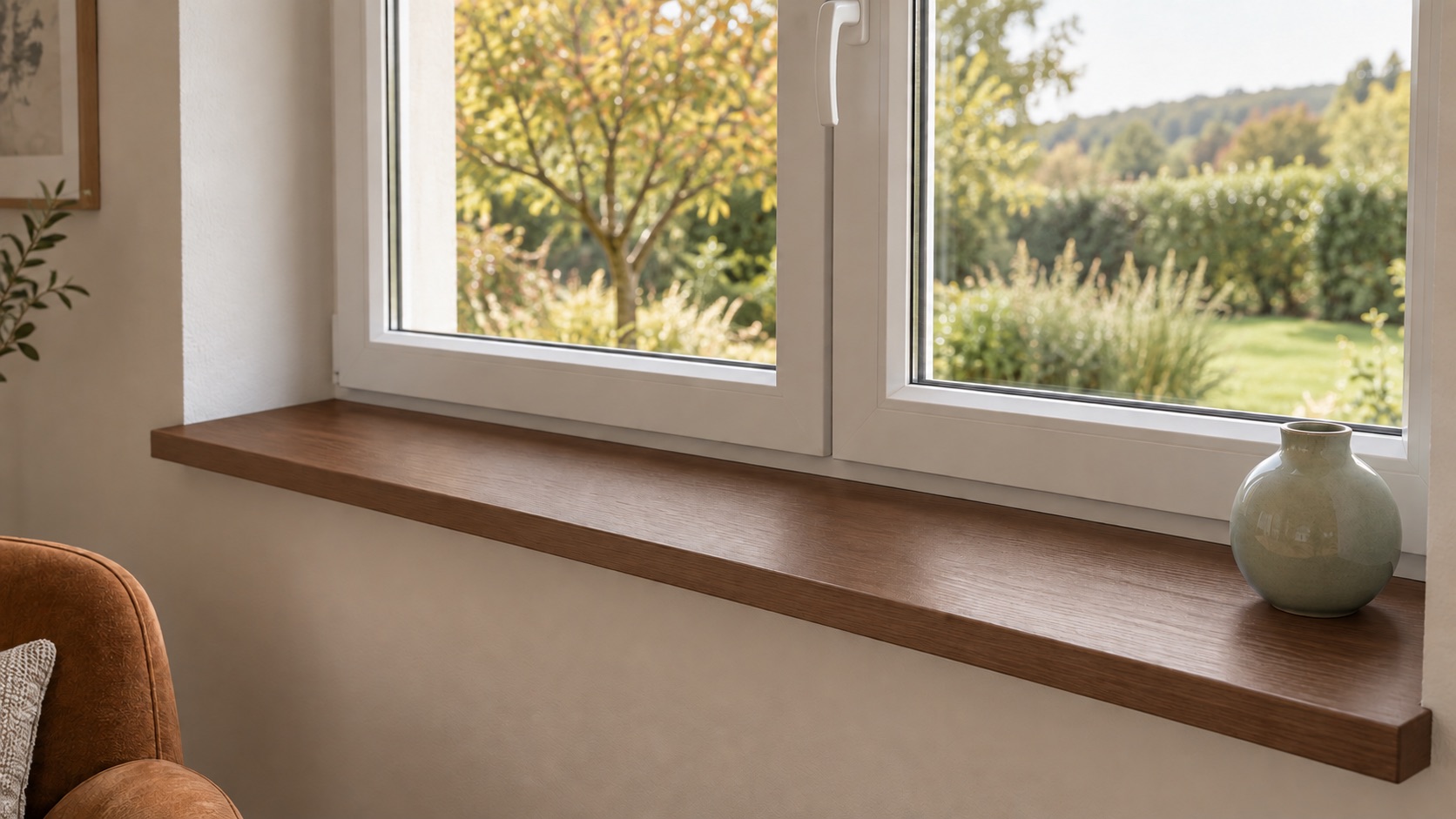 Alféizar de madera teñido de marrón bajo ventana doble con vistas al jardín, jarrón en el alféizar y sillón en el salón