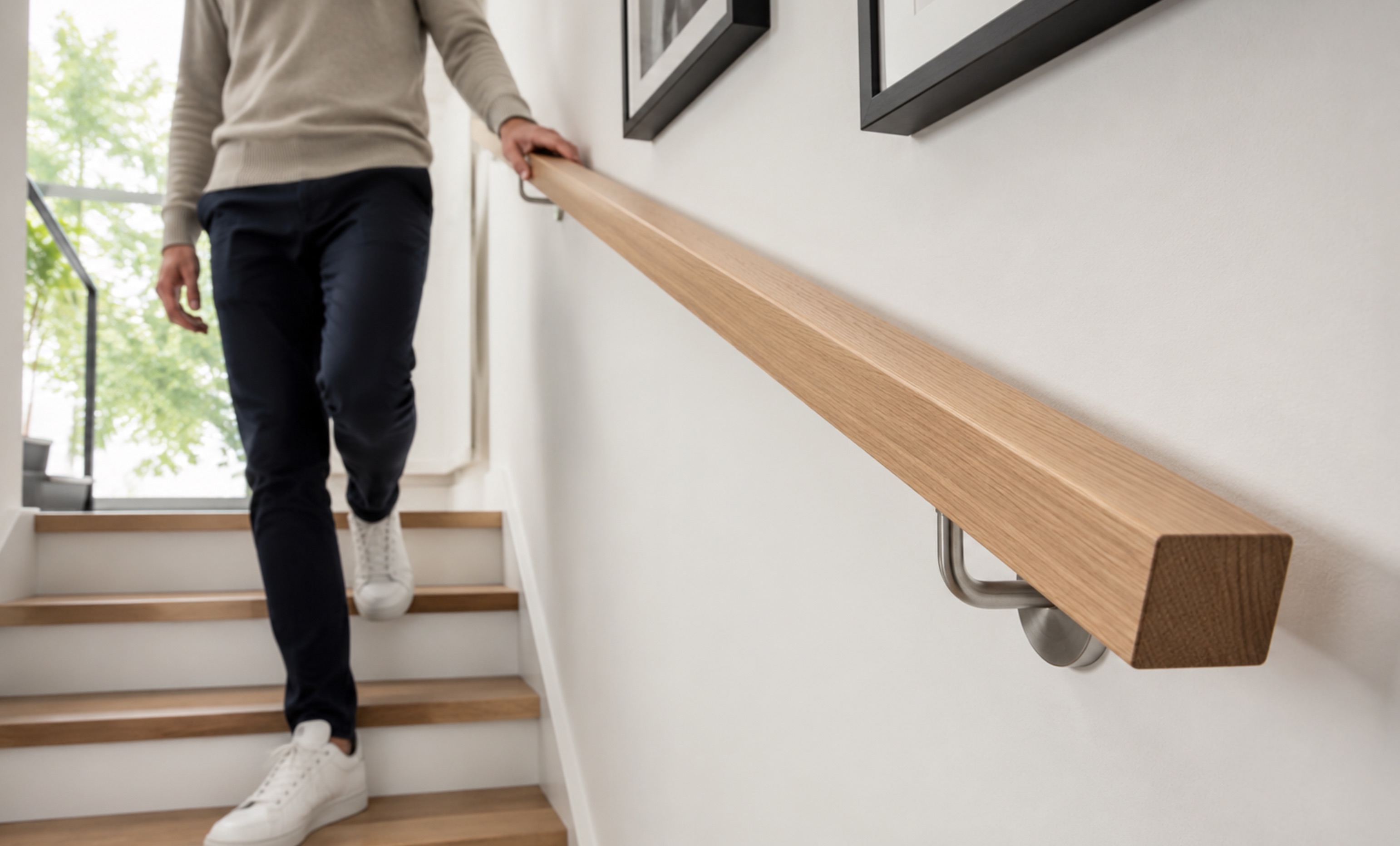 Pasamanos de escalera cuadrado de roble en pared blanca con soportes de acero inoxidable, persona bajando escalera de madera