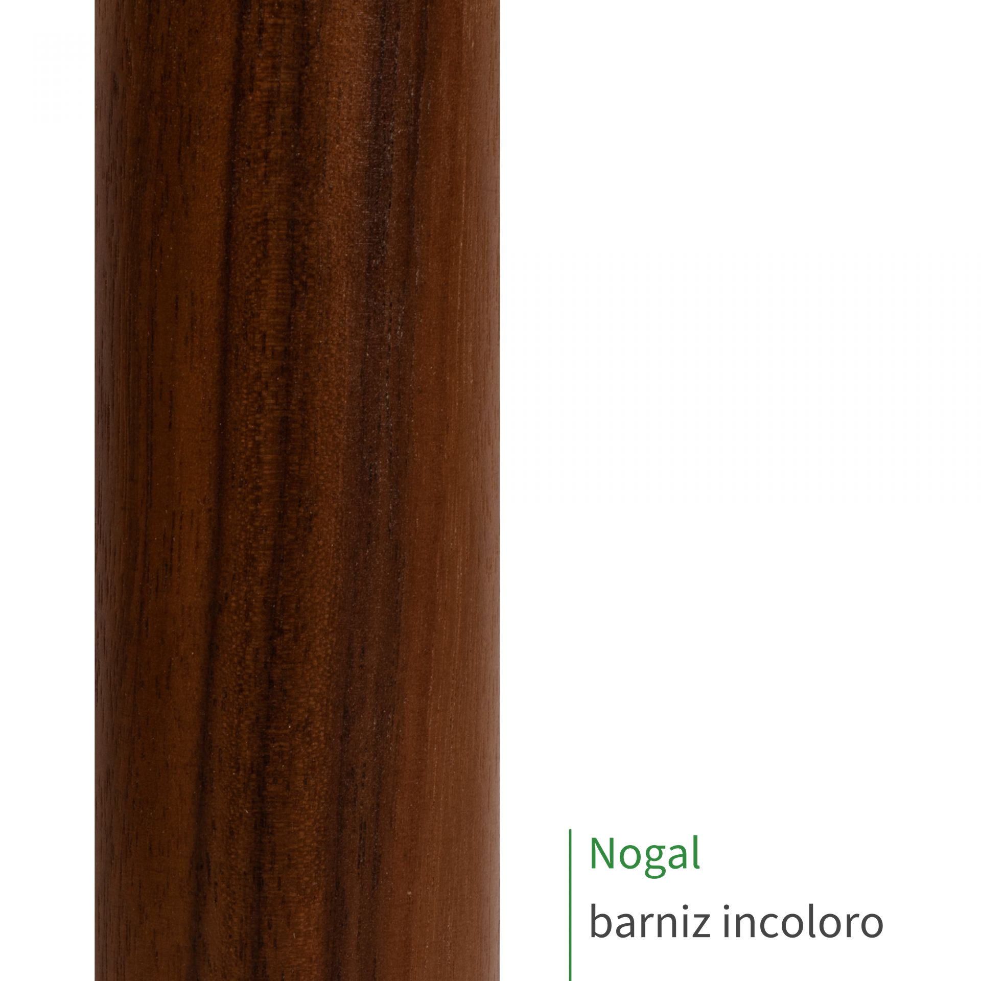 Muestra de pasamanos de nogal con barniz incoloro, veteado marrón oscuro intenso, rótulo «Nogal barniz incoloro»