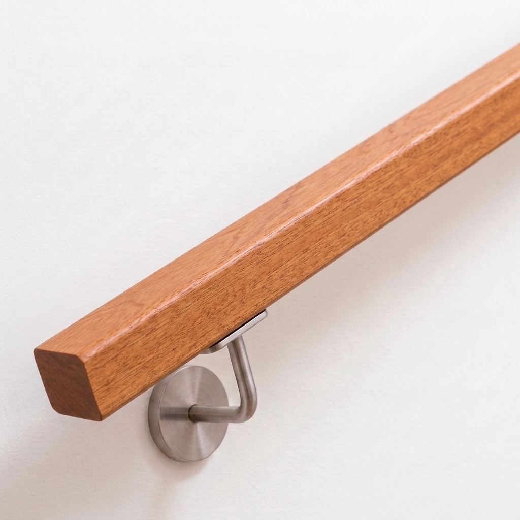 Pasamanos cuadrado de caoba marrón rojizo con soporte de acero inoxidable en pared blanca, extremo recto, vista oblicua
