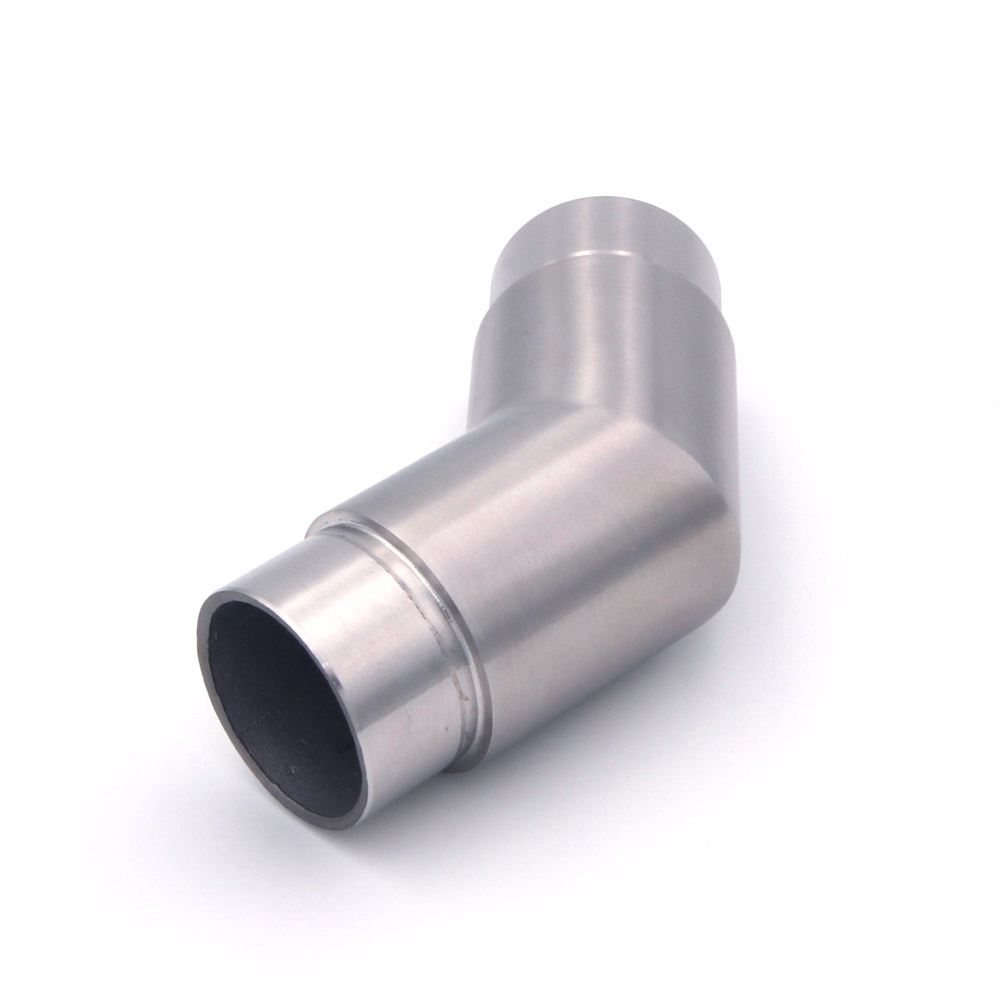 Codo de 45° para pasamanos de acero inoxidable de 42,4 mm, vista frontal con extremo de encaje abierto y pared del tubo