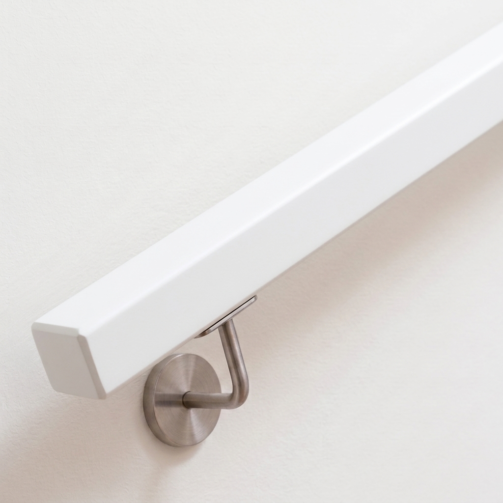 Pasamanos cuadrado de haya lacado blanco en pared blanca con soporte de acero inoxidable, extremo recto, vista oblicua